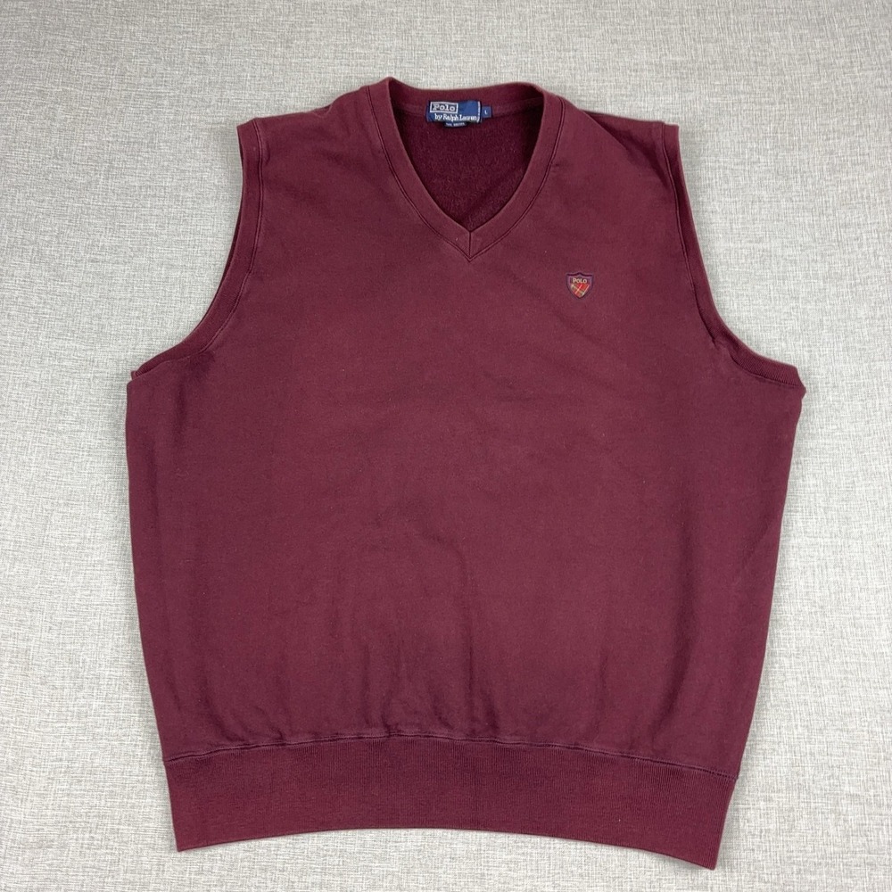 Polo By Ralph Lauren Sweater Vest Mens Large Red V Neck Cotton Crest Vintage